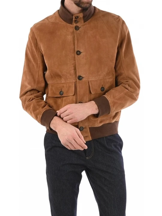Contrast Rib Brown Suede Leather Bomber Jacket