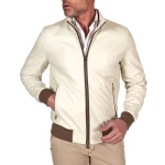 Contrast Rib Cream Leather Bomber Jacket