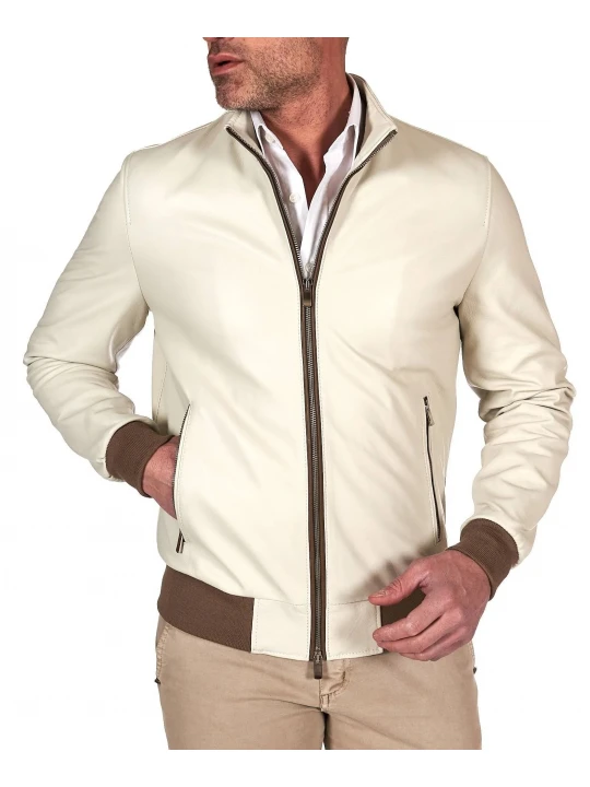 Contrast Rib Cream Leather Bomber Jacket