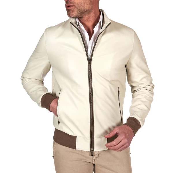 Contrast Rib Cream Leather Bomber Jacket