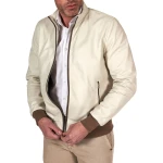 Contrast Rib Cream Leather Bomber Jacket