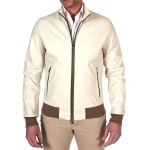 Contrast Rib Cream Leather Bomber Jacket