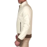Contrast Rib Cream Leather Bomber Jacket