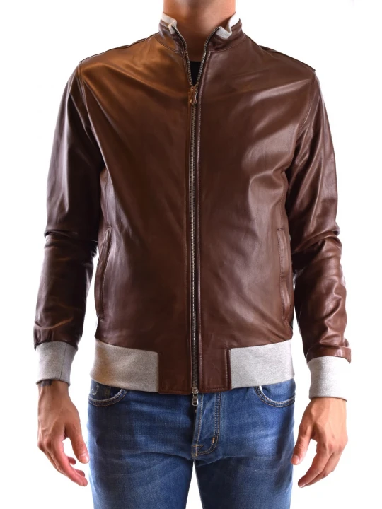 Contrast Rib Detailing Brown Leather Bomber Jacket