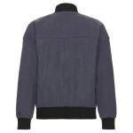 Contrast Rib Navy Blue Suede Leather Bomber Jacket