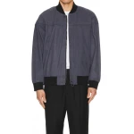 Contrast Rib Navy Blue Suede Leather Bomber Jacket