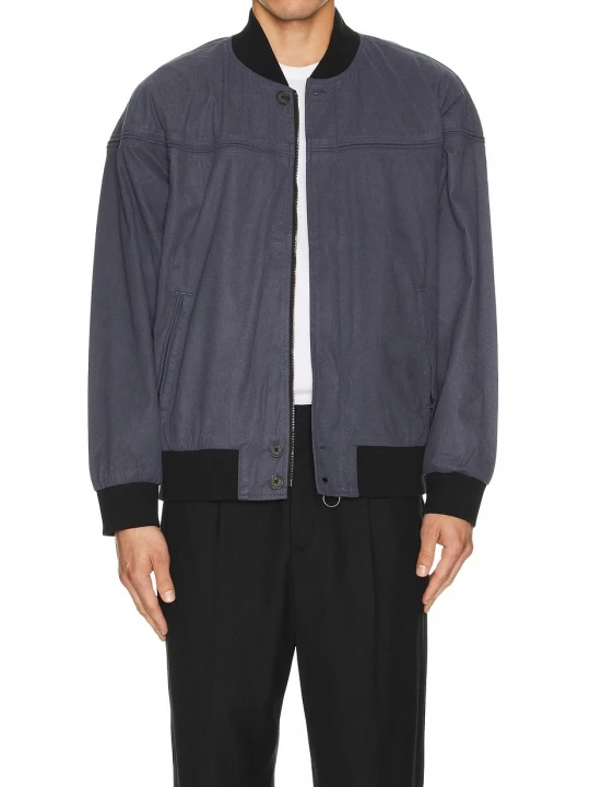 Contrast Rib Navy Blue Suede Leather Bomber Jacket