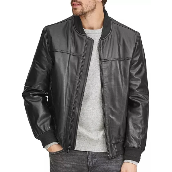 Front And Back Yoke Black Leather Bomber Jacket