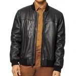 Front And Back Yoke Black Leather Bomber Jacket