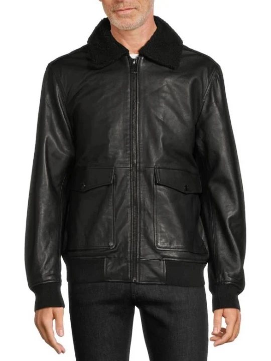 Fur Collar Black Leather Bomber Jacket