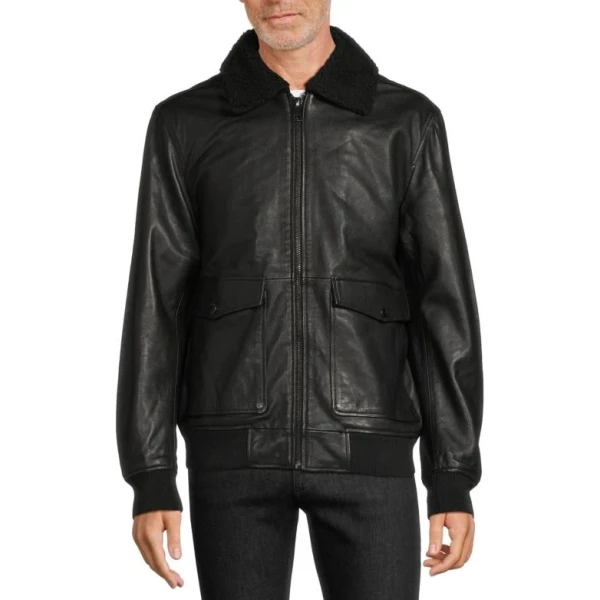 Fur Collar Black Leather Bomber Jacket