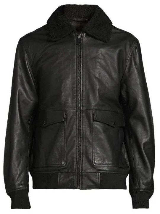 Fur Collar Black Leather Bomber Jacket