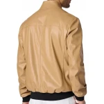 High Collar Beige Leather Bomber Jacket
