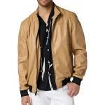 High Collar Beige Leather Bomber Jacket