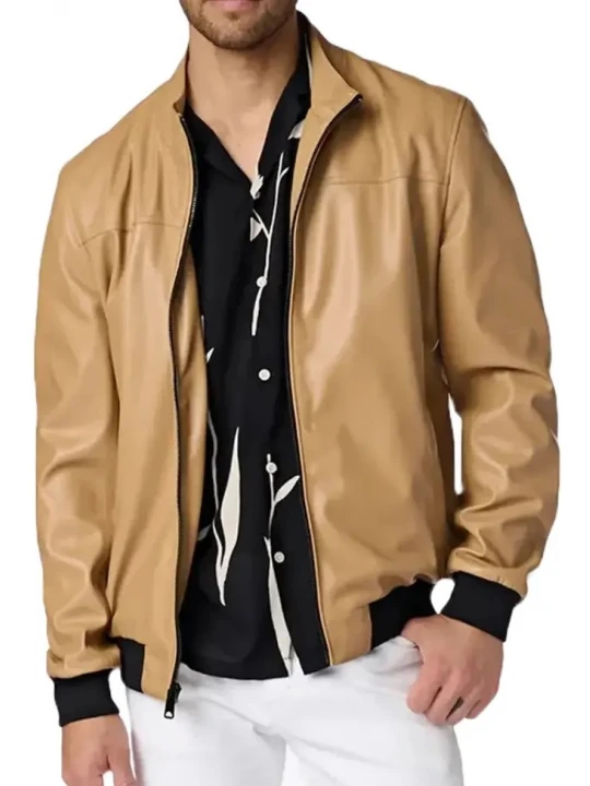 High Collar Beige Leather Bomber Jacket