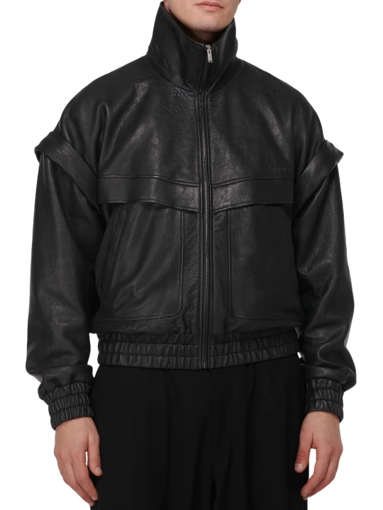 High Collar Black Leather Bomber Jacket