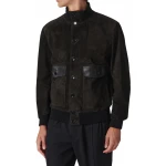 High Collar Black Suede Leather Bomber Jacket