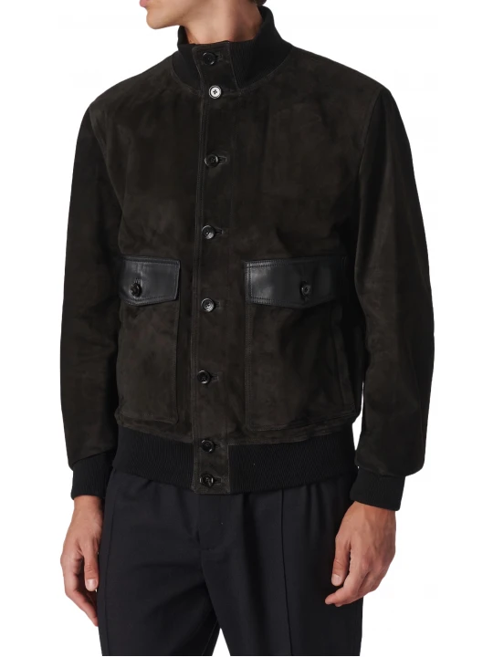 High Collar Black Suede Leather Bomber Jacket