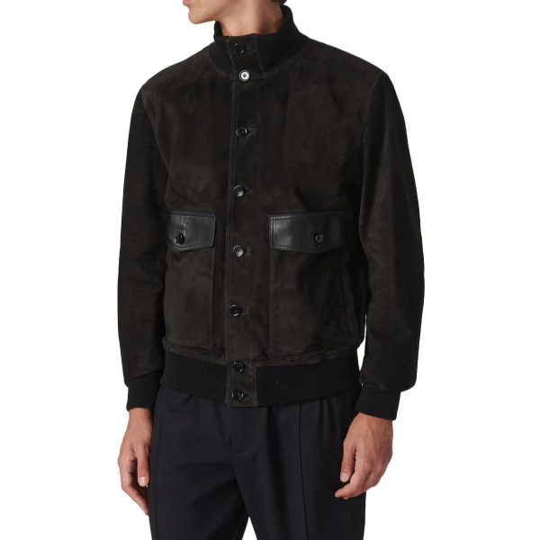 High Collar Black Suede Leather Bomber Jacket