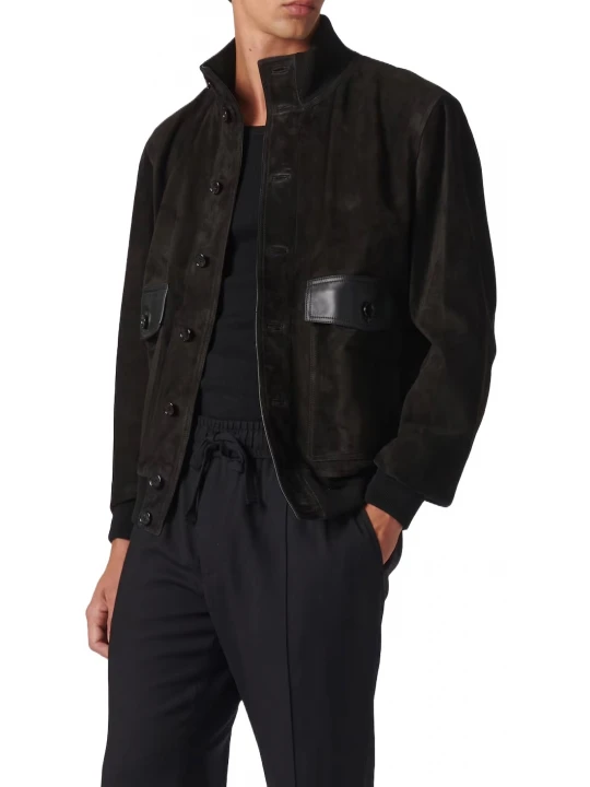 High Collar Black Suede Leather Bomber Jacket
