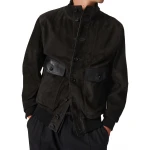 High Collar Black Suede Leather Bomber Jacket