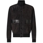 High Collar Black Suede Leather Bomber Jacket