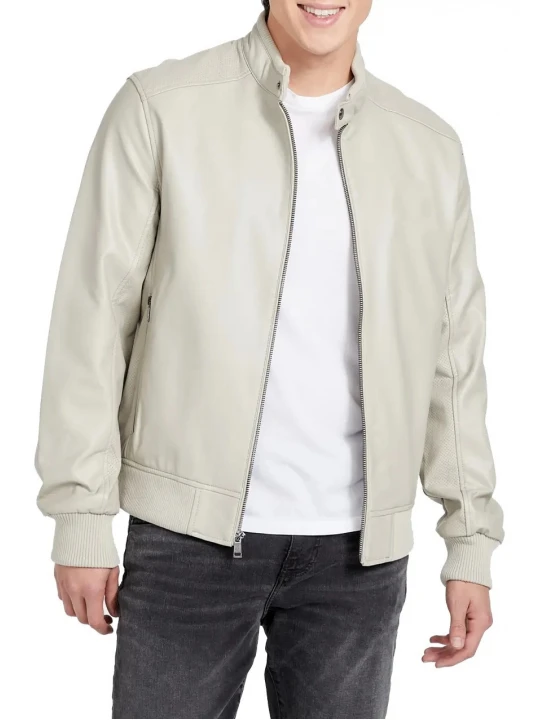 High Collar Cream Leather Bomber Jacket