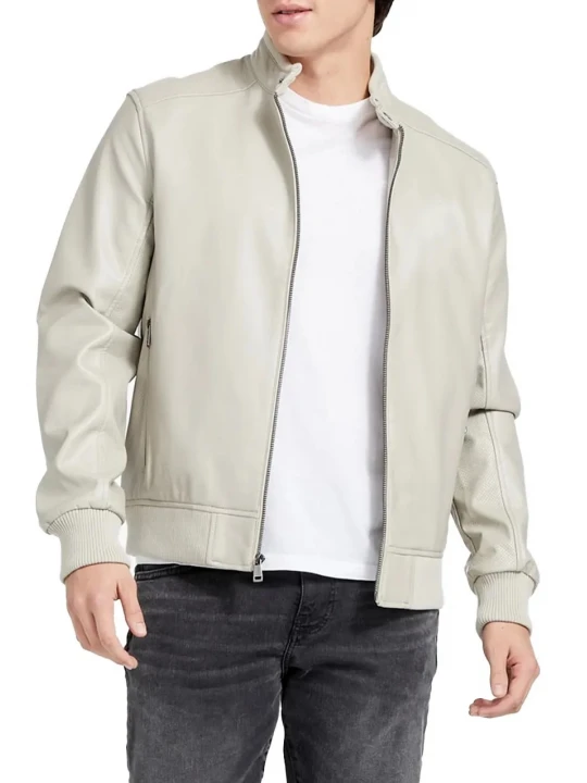 High Collar Cream Leather Bomber Jacket