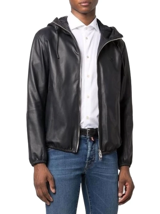 Hooded Black Leather Blouson Jacket