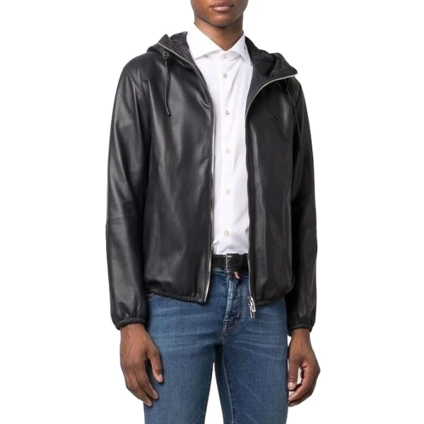 Hooded Black Leather Blouson Jacket