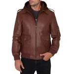 Hooded Brown Leather Bomber Jacket