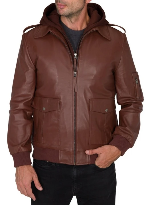 Hooded Brown Leather Bomber Jacket