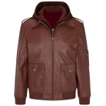 Hooded Brown Leather Bomber Jacket