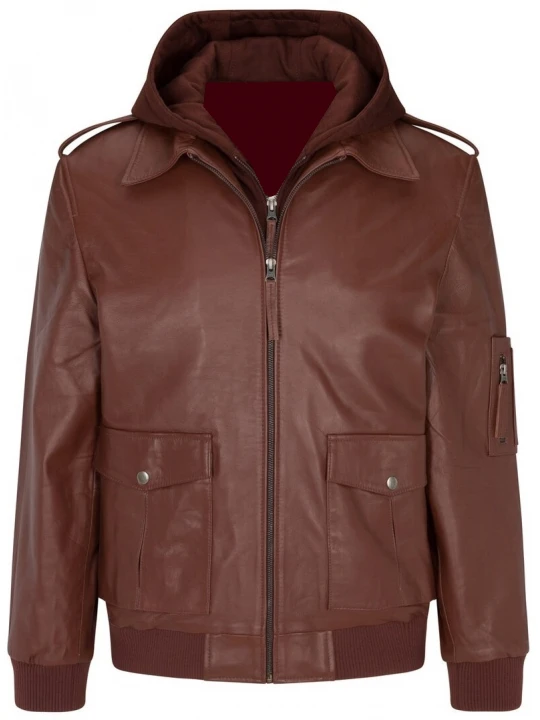 Hooded Brown Leather Bomber Jacket