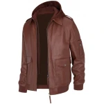 Hooded Brown Leather Bomber Jacket