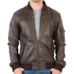 Mens Elegant Dark Brown Pure Leather Bomber Jacket