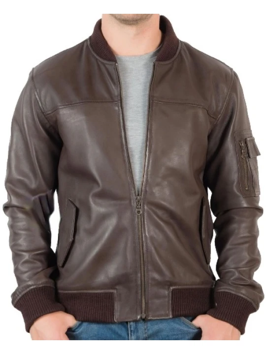Mens Elegant Dark Brown Pure Leather Bomber Jacket