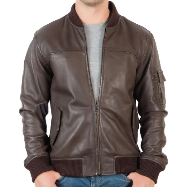 Mens Elegant Dark Brown Pure Leather Bomber Jacket