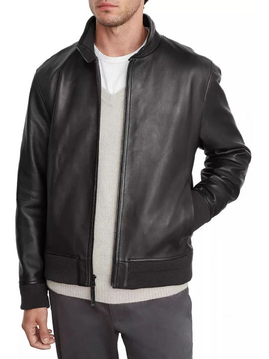 Mock Neck With Button Closure Black Leather Bomber Jacket