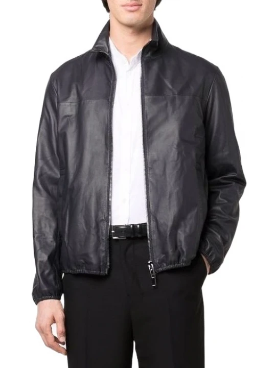 Navy Blue Leather Blouson Jacket