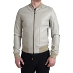 Patch Pockets Cream Leather Bomber Jacket