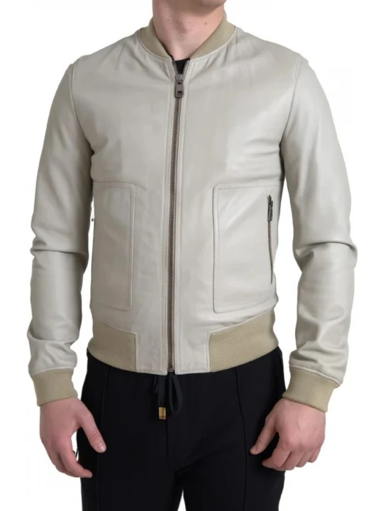 Patch Pockets Cream Leather Bomber Jacket