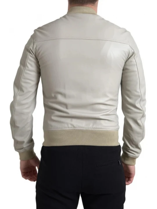 Patch Pockets Cream Leather Bomber Jacket
