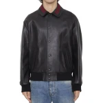 Red And Black Web Details Black Leather Bomber Jacket