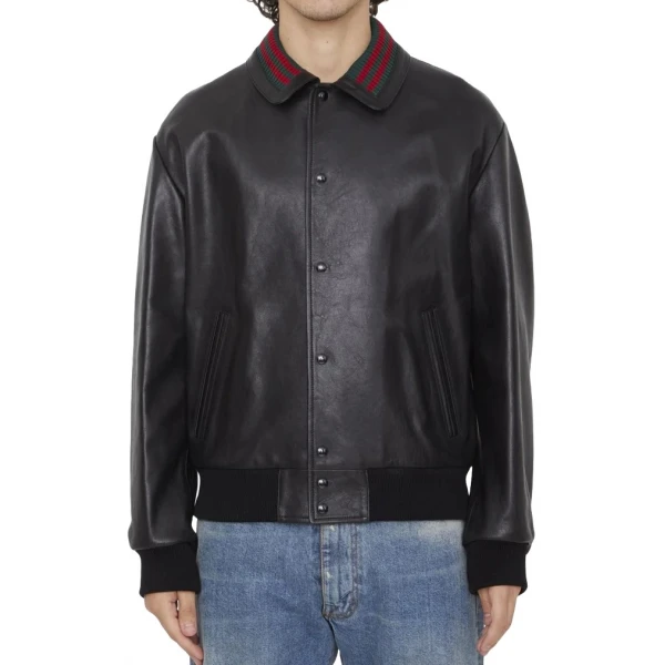 Red And Black Web Details Black Leather Bomber Jacket