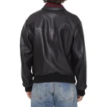 Red And Black Web Details Black Leather Bomber Jacket