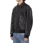 Red And Black Web Details Black Leather Bomber Jacket