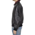 Red And Black Web Details Black Leather Bomber Jacket