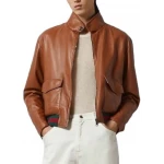 Red And Black Web Details Brown Leather Bomber Jacket