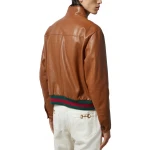 Red And Black Web Details Brown Leather Bomber Jacket
